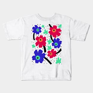 Bold Blue And Red Poppy Pattern Kids T-Shirt